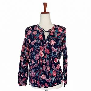Lucky Brand Navy Blue Floral Size Small Longsleeve Boho Tie Neck Western Country